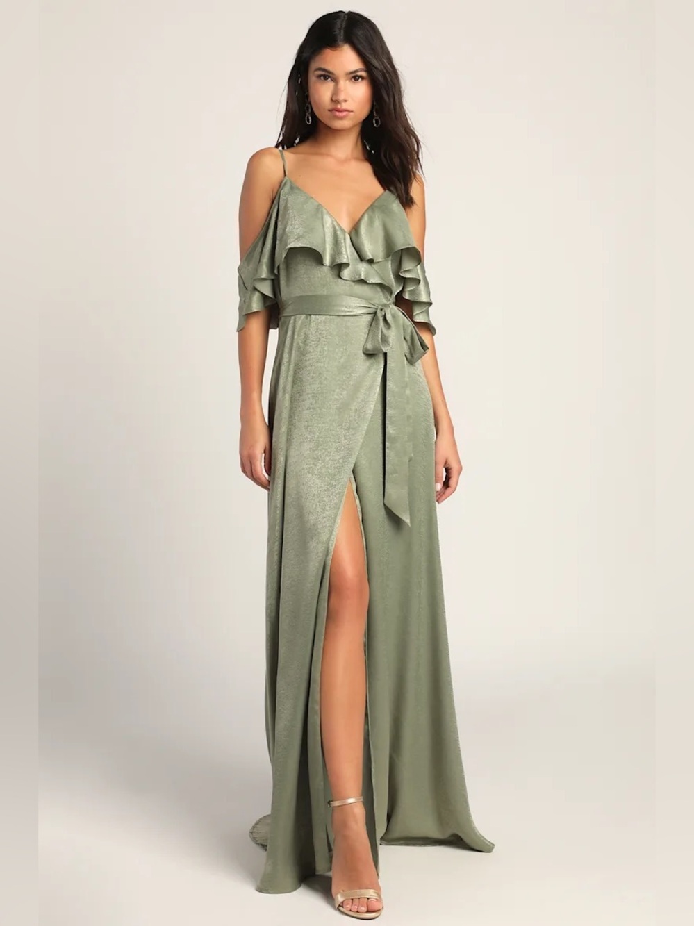 Lulus Moriah Sage Green Satin Wrap Maxi Dress - Picture 3 of 6